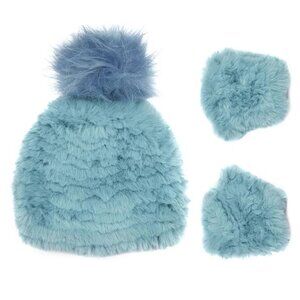 Jocelyn Snow Bunny Knitted Pom-pom Beanie Hat & Mittens Faux Fur Light Blue NEW